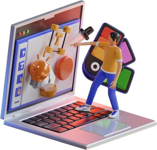 Ilustración 3D de una persona de pie sobre el teclado de una laptop abierta, interactuando con una pantalla que muestra herramientas de diseño como una bombilla, piezas mecánicas y una paleta de colores.