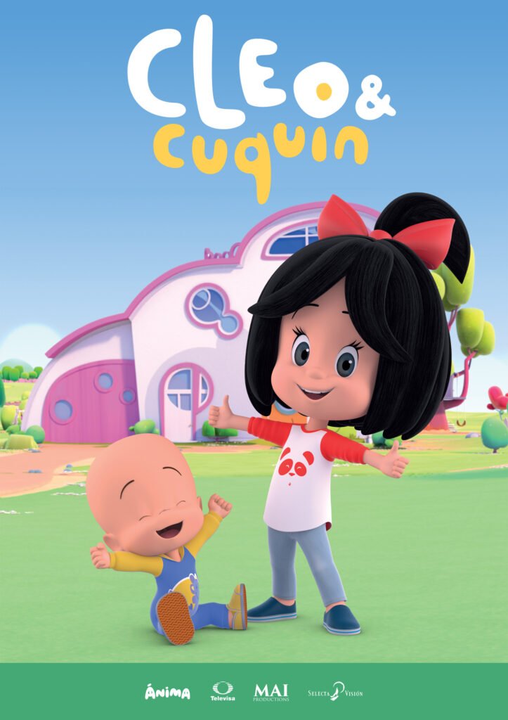 Póster de la serie animada "Cleo & Cuquin". Cleo, una niña con cabello negro y moño rojo, está de pie sonriendo con los pulgares arriba junto a Cuquin, un bebé calvo que está sentado riendo. Al fondo hay una casa rosada.